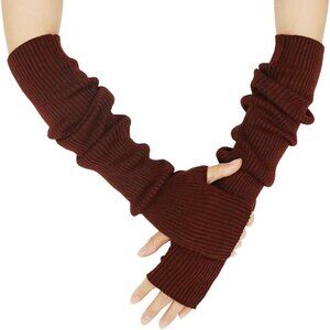 Women's Maroon Soft Cozy Arm Warmers Fingerless Knitted Long Gloves Winter